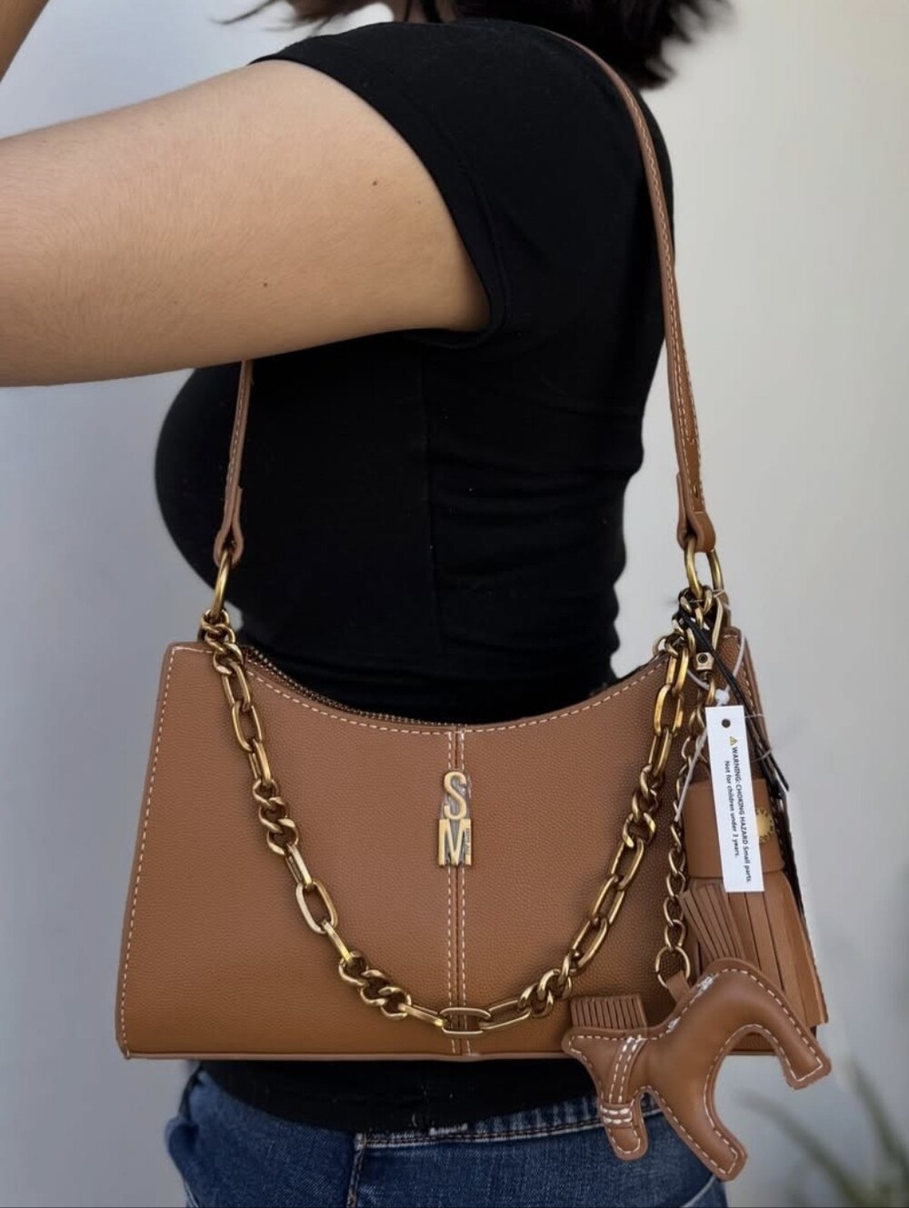 Steve Madden Brown Leather Shoulder Bag with Gold Chain